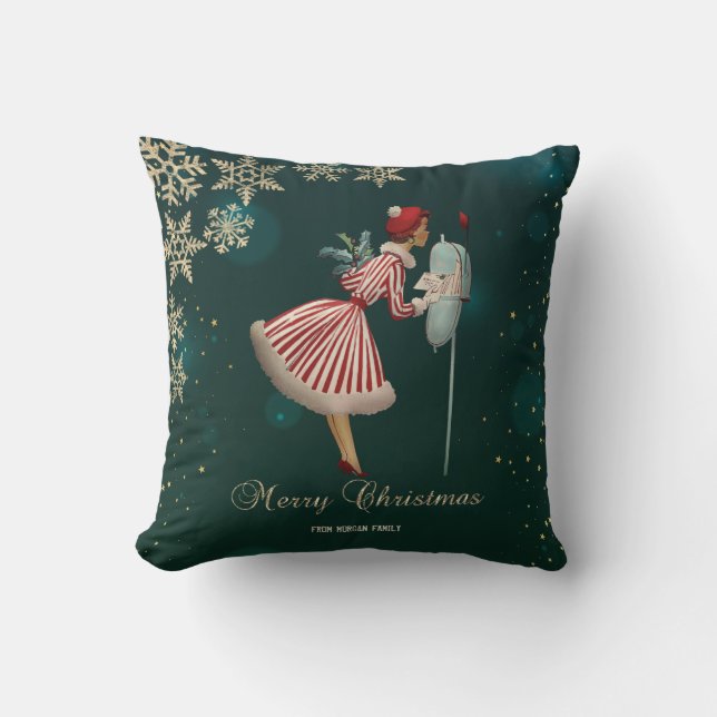 Almofada Garota de Natal Vintage, Flocos de Neve (Frente)