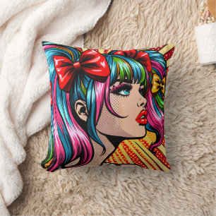 Almofada Garota de Quadrinhos de Arte Pop Bonita com Laços