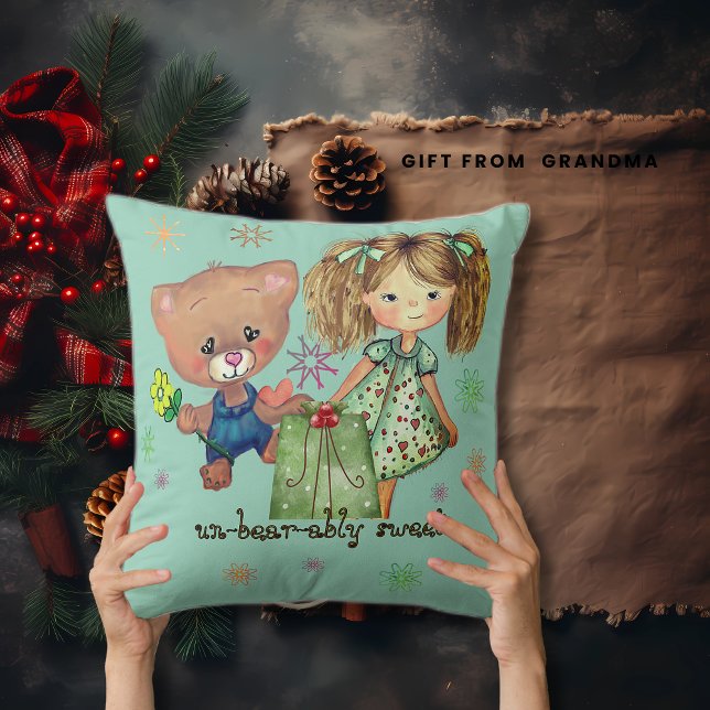 Almofada Garota Doce e Teal do Urso Teddy (Sweet Girl and Teddy Bear Teal Throw Pillow)