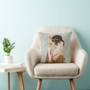 Almofada Garota Geisha Japonesa Vintage em Kimono com Leque