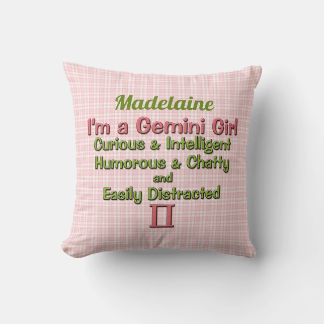 Almofada Garota Gemini Zodiac Rosa e Verde com Nome (Frente)