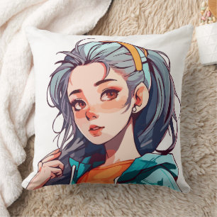 Almofada Garota Romântica de Anime com Cabelo Colorido Clar