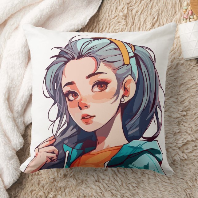 Almofada Garota Romântica de Anime com Cabelo Colorido Clar (Cobertor)