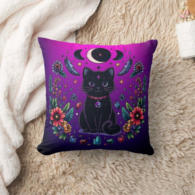 Almofada Gata Preta Celestial Mística Rosa Roxo (Cobertor)
