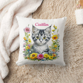 Almofada Gatinho Aquarela em Flores Amarelas Personalizado