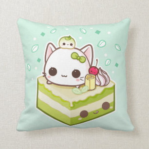 Almofada Gatinho bonito do mochi com o bolo do chá verde d