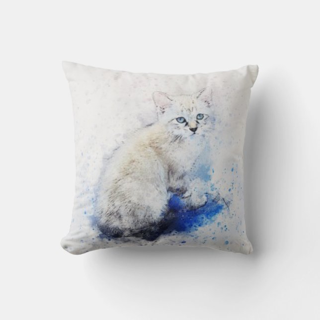 Almofada Gatinho Branco de Aquarela (Frente)