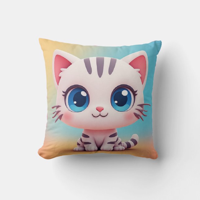 Almofada Gatinho Branco de Desenho Animado Adorável (Frente)
