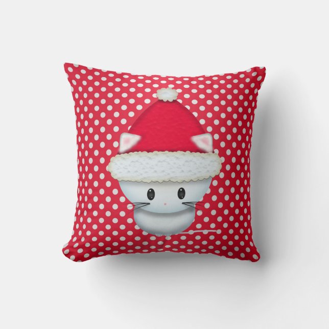 Almofada Gatinho Branco Fofo com Chapéu de Papai Noel Bolin (Frente)