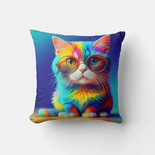 Almofada Gatinho de Cores do Arco-íris Usando Óculos-46568 (Frente)