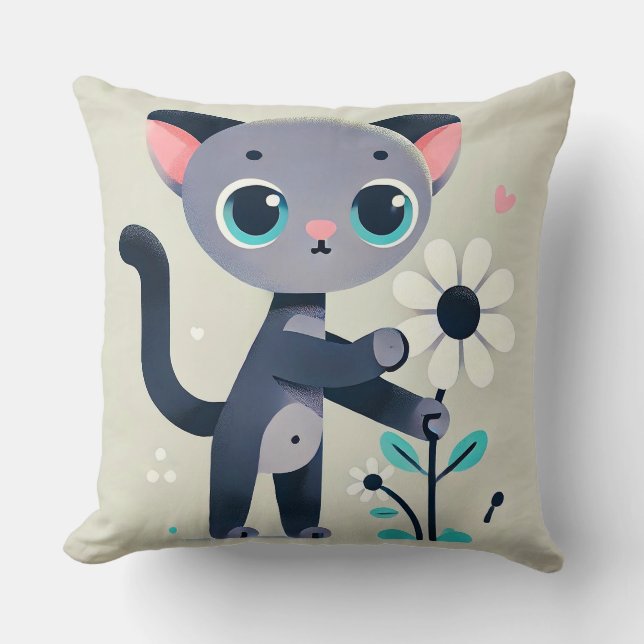 Almofada Gatinho de desenho animado adorável segurando uma  (Frente)