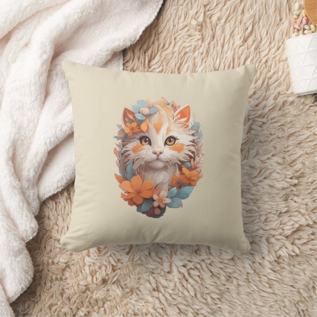 Almofada Gatinho de Floral Laranja Fofo (Cobertor)
