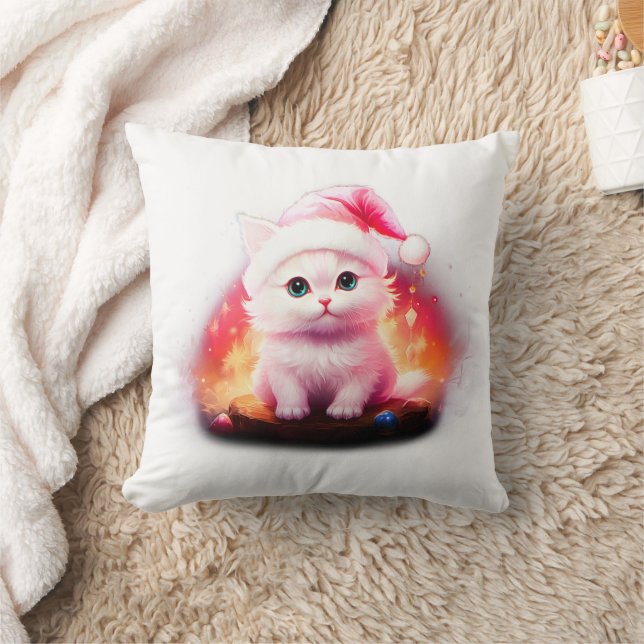Almofada Gatinho de Natal Fofo com Chapéu de Papai Noel (Cobertor)