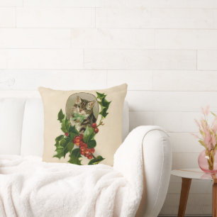 Almofada Gatinho de Natal Vitoriano em Tabby Antigo com Aze