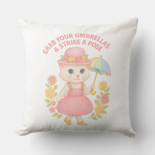 Almofada Gatinho Fofo de Vestido Rosa – Pose de Guarda-Chuv