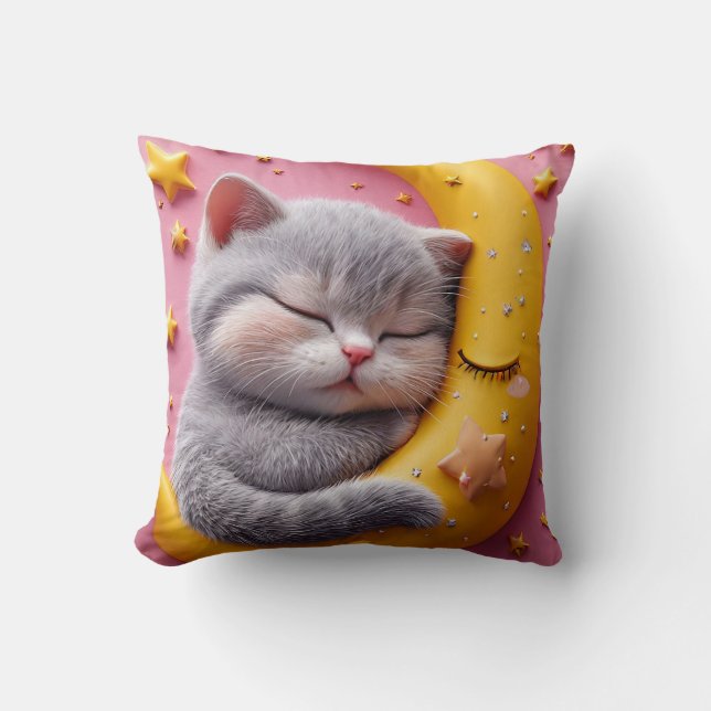 Almofada Gatinho Fofo Dormindo na Lua Berçário (Frente)