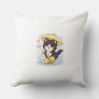 Almofada Gatinho Fofo em Dia Chuvoso com Guarda-Chuva Amare