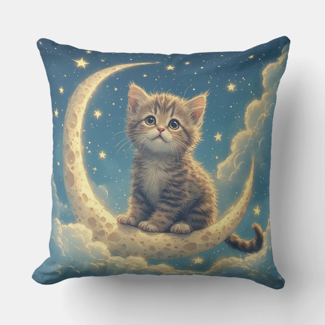 Almofada Gatinho Fofo em uma Lua Crescente Com Estrelas (Frente)