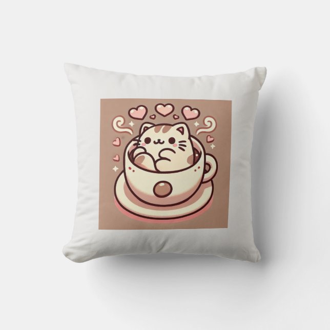 Almofada Gatinho Gato Inteiro e Café-Cute Kawaii em Teacup (Frente)