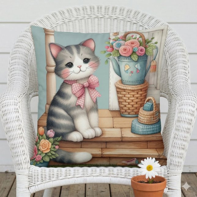 Almofada Gatinho no Alpendre Cena Floral Patchwork (Porch Kitty Floral Patchwork Scene Throw Pillow Mockup A)