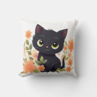Gatinho Preto Doce com Flores Kawaii Chibi