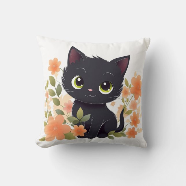 Almofada Gatinho Preto Doce com Flores Kawaii Chibi (Frente)