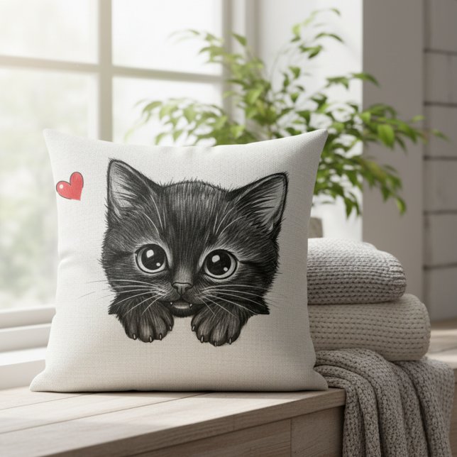 Almofada Gatinho Preto Fofo Espiando Coração de Gatito (Criador carregado)