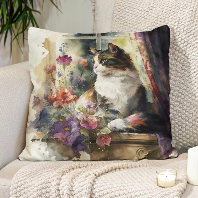 Almofada Gatinhos Gato Flores Roxas Janela Luz solar (Pillow with the watercolor painting of a cat sitting in the sunshine)