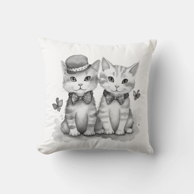 Almofada Gatinhos pretos e brancos com laço de bolinhas (Frente)