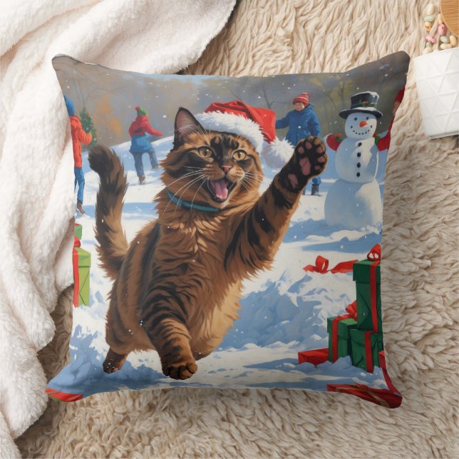 Almofada Gato Abissínio Cena de Natal Festiva Neve (Cobertor)