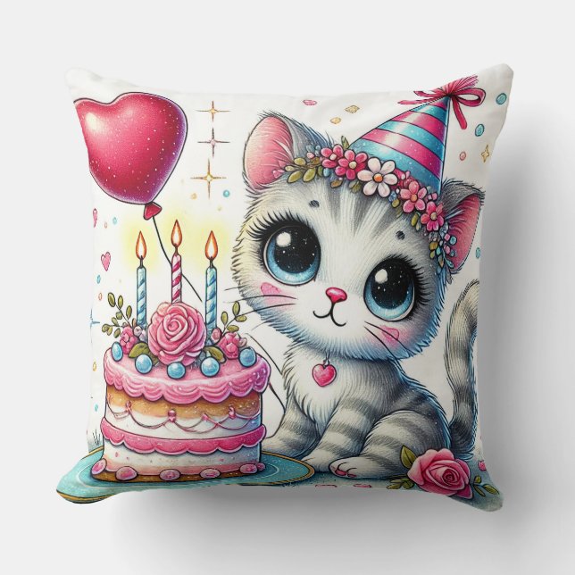 Almofada Gato Adorável Celebrando Aniversário com Bolo (Frente)