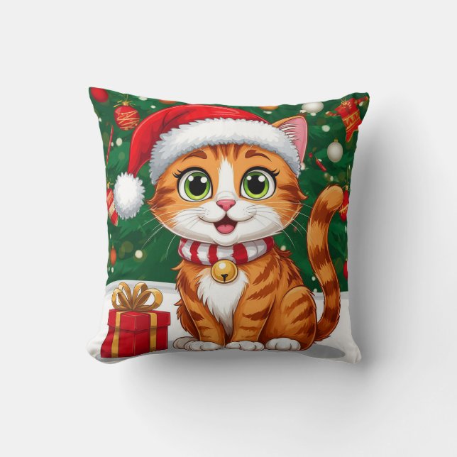 Almofada Gato Adorável com Chapéu de Papai Noel e Presente (Frente)