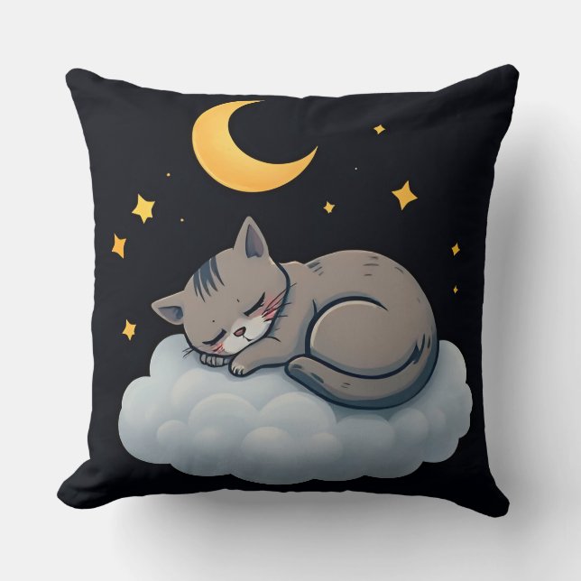 Almofada Gato Adormecido Adorável em uma Nuvem (Frente)