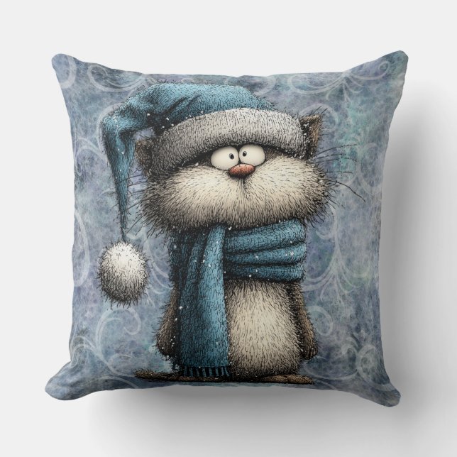 Almofada Gato Azul de Natal de Inverno com Chapéu e Cacheco (Frente)