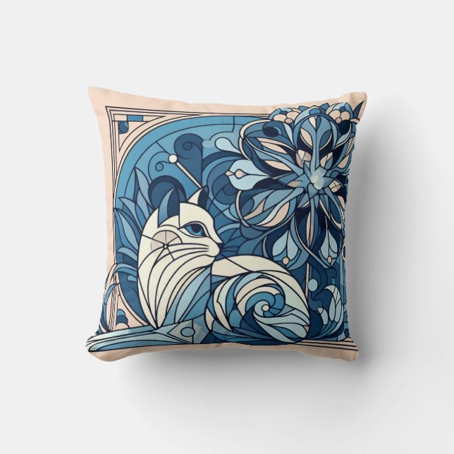 Almofada Gato azul geométrico art déco. (Frente)