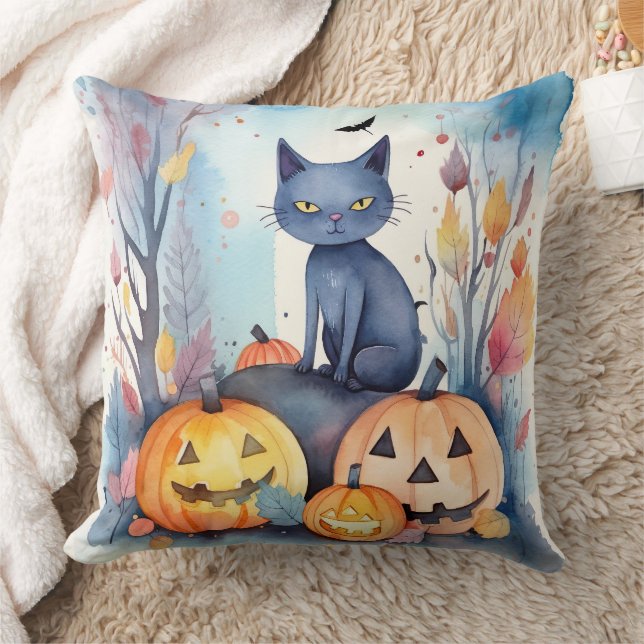 Almofada Gato Azul Oriental Halloween Com Pumpkins Assustad (Cobertor)