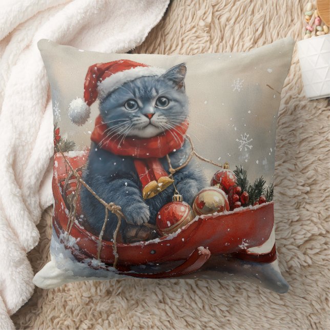Almofada Gato Azul Oriental no Trenó Deixe Nevar Natal  (Cobertor)