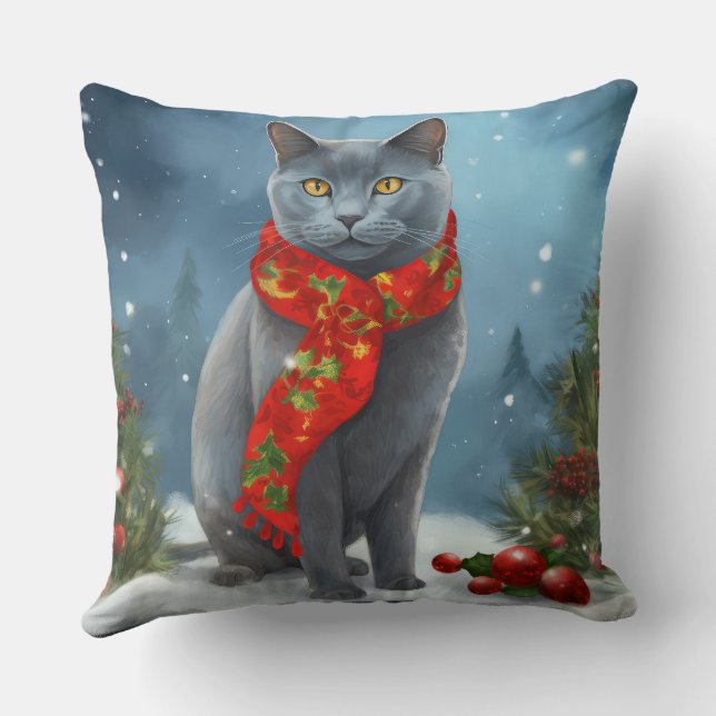 Almofada Gato Azul Russo na Neve Natal (Verso)