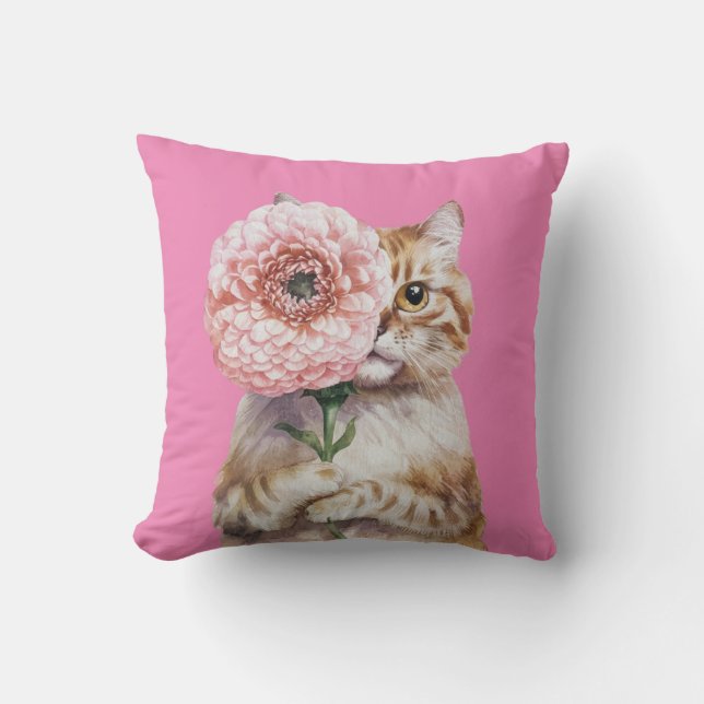 Almofada Gato bonito com flor grande| Ginger Cat Adorável (Frente)