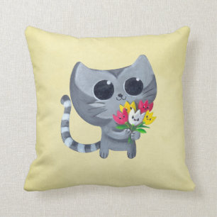 Almofada Gato bonito e flores do gatinho