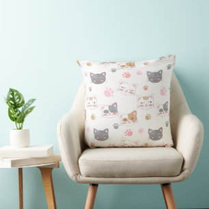 Almofada Gato bonito encara um padrão de gatos sorridente