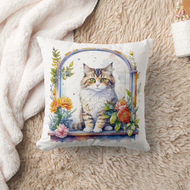 Almofada Gato Bonito na Janela Flores Personalizadas (Cobertor)