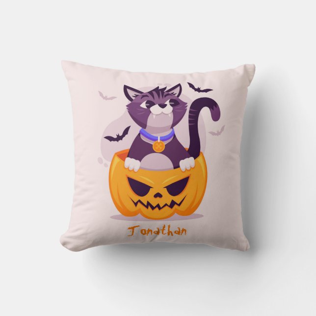 Almofada Gato Bonito na Pumpkin Spooky e Morcegos de Hallow (Frente)