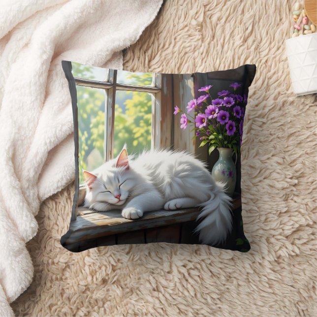 Almofada Gato Branco Cochilando e Flores Roxas  (Cobertor)