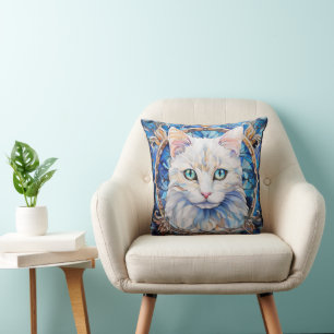 Almofada Gato Branco com Olhos Azuis Estilo Vitral