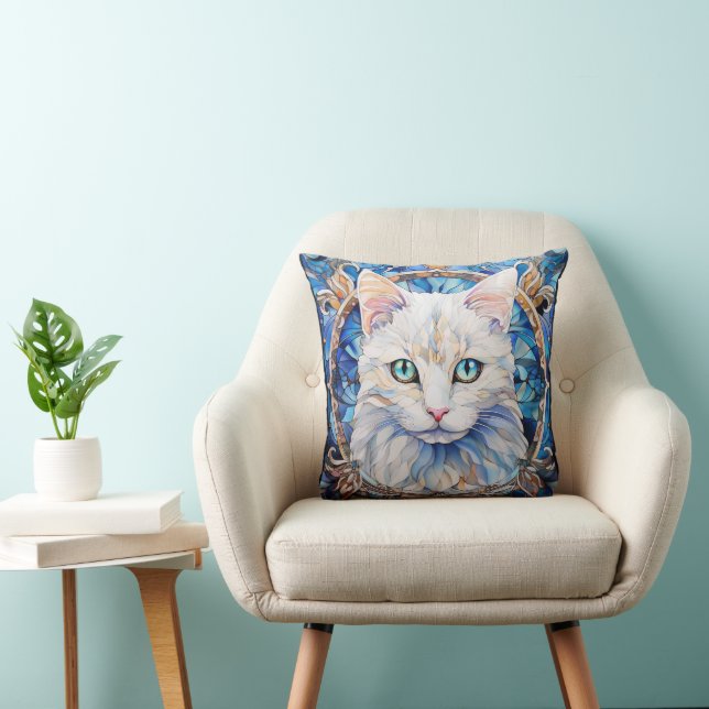 Almofada Gato Branco com Olhos Azuis Estilo Vitral (Cadeira)