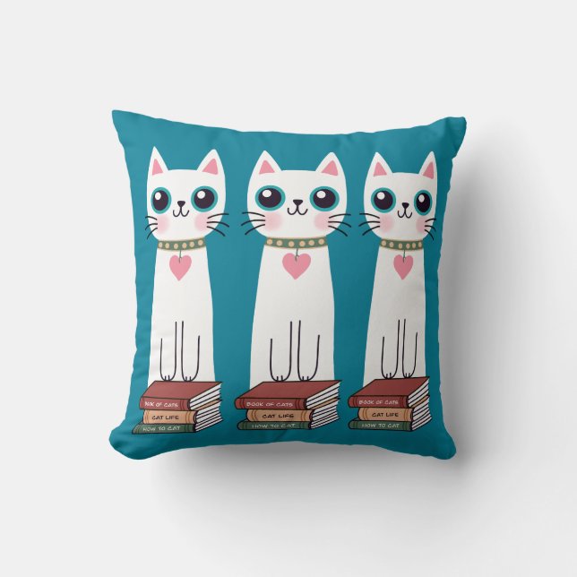 Almofada Gato Branco Desenho Caprichoso e Excêntrico e Livr (Frente)