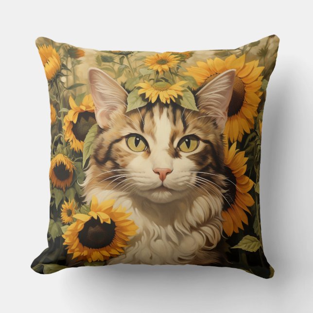 ALMOFADA GATO BRANCO E MADEIRA BRANCA COM FLORES BONITO (Frente)