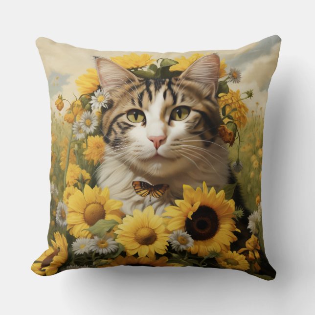 ALMOFADA GATO BRANCO E MADEIRA BRANCA COM FLORES BONITO (Frente)