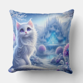 Almofada Gato Branco Elegante em um Realm Mágico de Neve